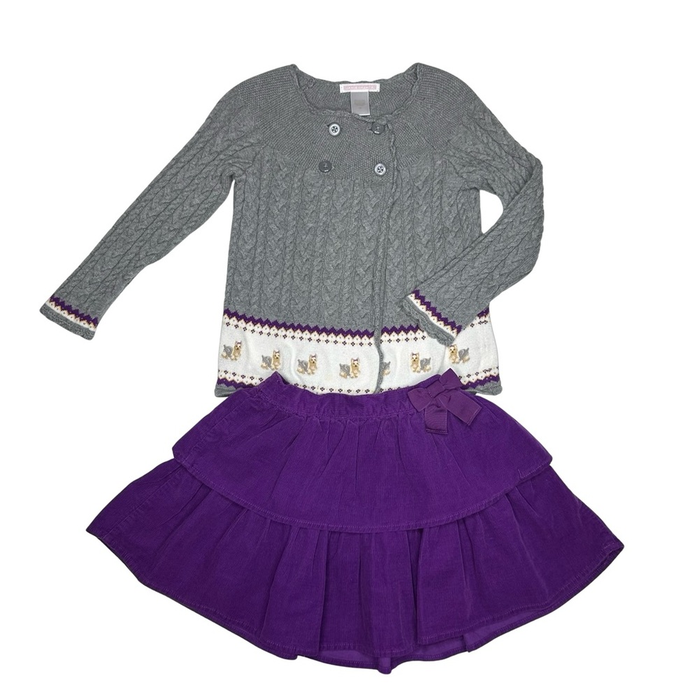 Janie And Jack Yorkie Dog Fair Isle‎ Cardigan And Tiered Corduroy Skirt